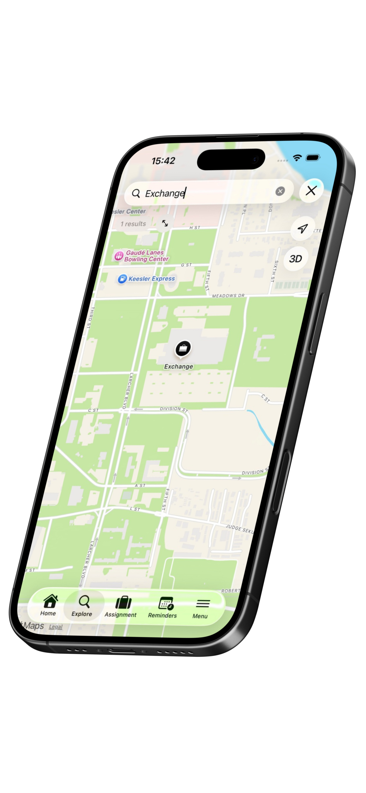 Explore tab with base map and facility pins