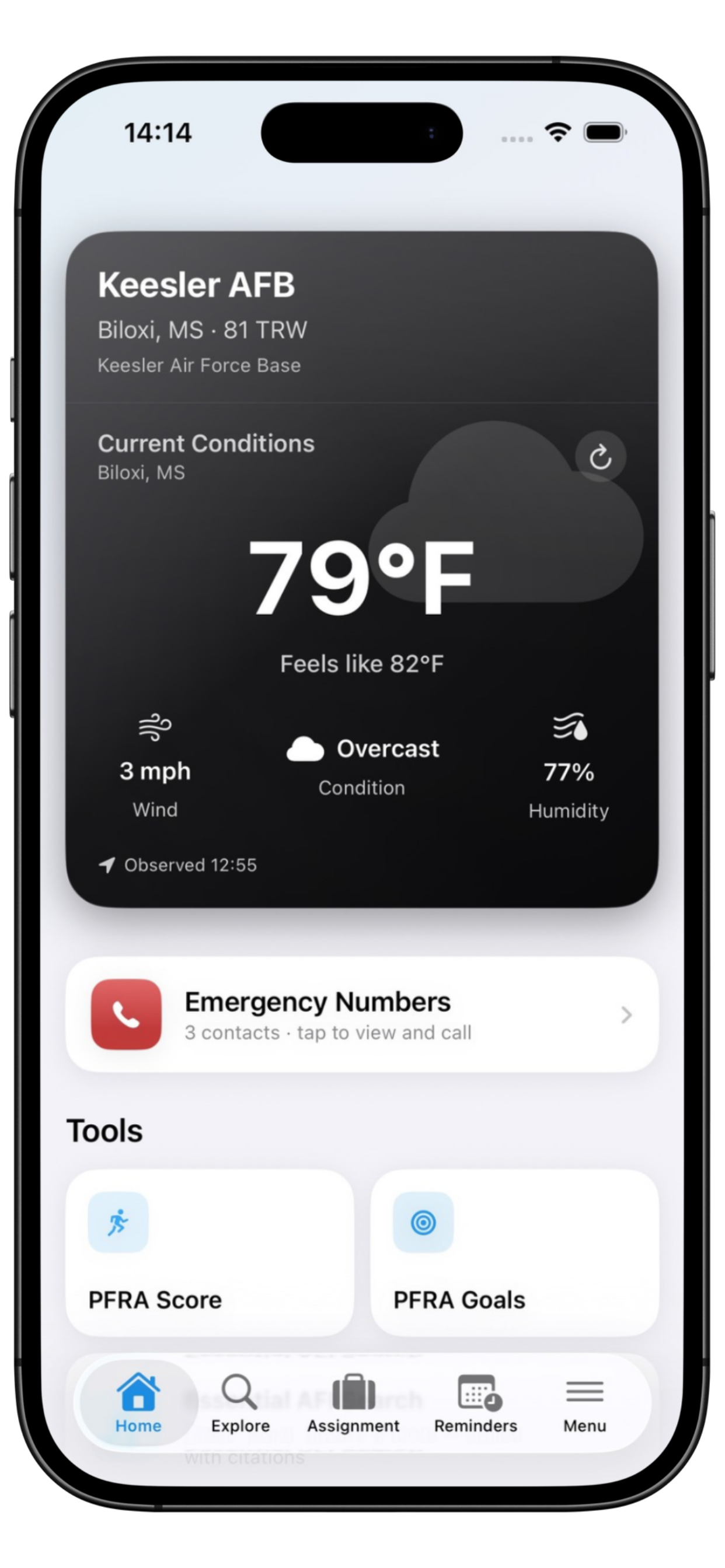 MyAFBase app on iPhone showing home screen and key features