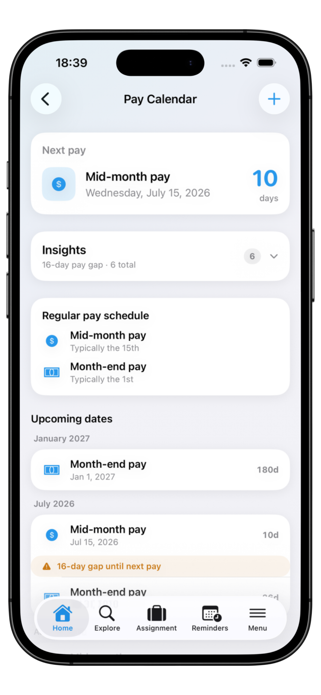 Pay calendar screen