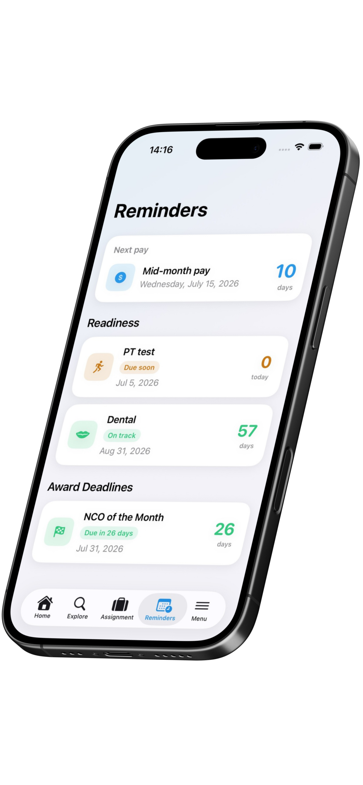 Reminders screen with upcoming fitness and training deadlines